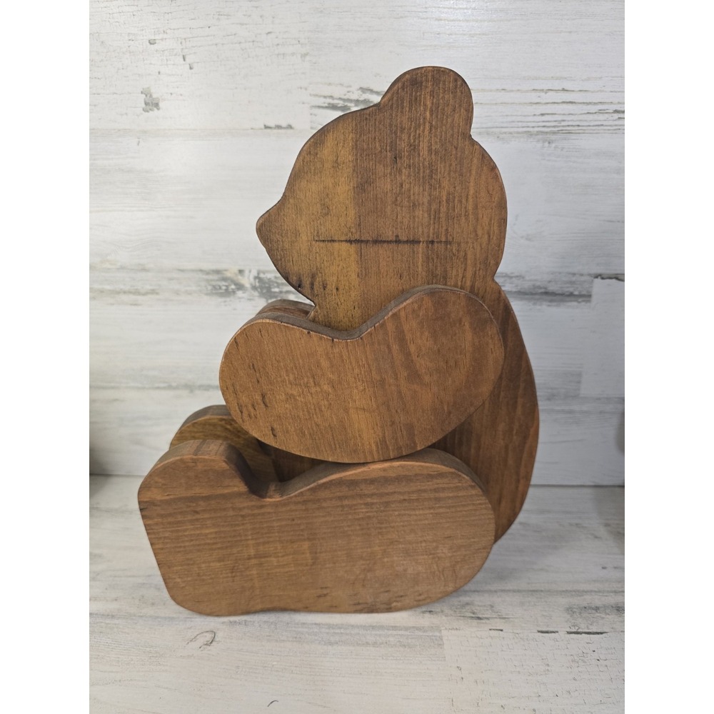 Handcrafted Layered Wooden Teddy Bear Figurine Rustic Brown Nursery Decor 11.5" - Picture 2 of 7